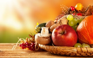 Картинка осень, виноград, тыква, овощи, урожай, фрукты, грибы, яблоки