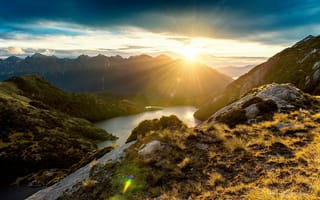 Картинка Новая Зеландия, горы, гора, природа, пейзаж, вода, озеро, пруд, утро, утренний, рассвет, восход