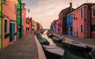 Картинка небо, остров Бурано, канал, Италия, дома, лодка, Венеция