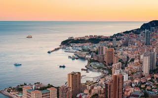 Картинка Монте-Карло, Монте Карло, Монако, город, города, здания, море, океан, вода, берег, побережье, вечер, закат, заход
