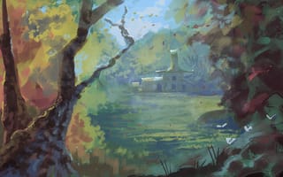 Картинка нарисованный пейзаж, цветы, арт, дом, деревья