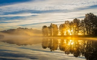 Картинка озера, озеро, природа, вода, пейзаж, дерево, утро, утренний, рассвет, восход, отражение