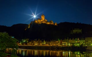 Картинка Кохем, Германия, город, города, здания, замок, крепость, река, ночной город, ночь, огни, подсветка
