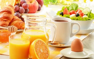 Картинка завтрак, сок, яйцо, круассан, мед, апельсин, цитрус, фрукт, еда, вкусная