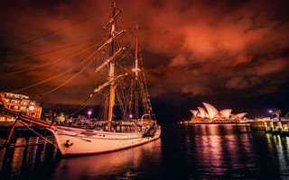 Картинка лодка, парусник, парус, корабли, корабль, ночь, темнота, Сиднейский оперный театр, Сидней, Австралия