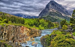 Картинка Swiftcurrent Falls, скалы, горы, Glacier National Park, лес, река, каскад