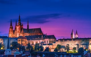 Картинка Прага, Чехия, город, города, здания, вечер, закат, заход, ночной город, ночь, огни, подсветка