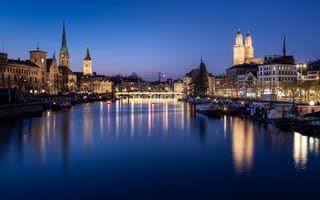 Картинка Цюрих, Швейцария, город, города, здания, ночной город, ночь, огни, подсветка