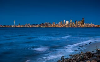 Картинка Сиэтл, США, город, города, здания, море, океан, вода, ночь, темнота