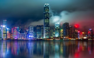 Картинка Гонконг, город, города, здания, небоскреб, высокий, здание, мегаполис, ночной город, ночь, огни, подсветка, отражение