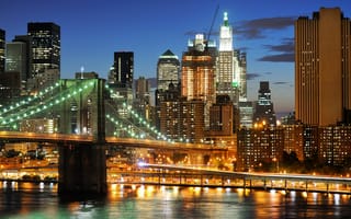 Картинка Нью Йорк, Нью-Йорк, город, здание, небоскреб, США, города, здания, высокий, мост, мегаполис, ночной город, ночь, огни, подсветка