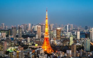 Картинка Токио, Япония, город, города, здания, башня, вечер, ночной город, ночь, огни, подсветка