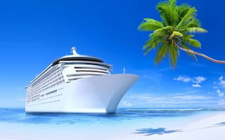 Картинка корабли, корабль, яхта, тропики, тропический, берег, пляж, пальма