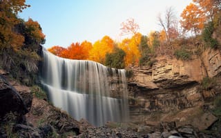Картинка осень, осенние, время года, сезоны, сезонные, водопад, природа, скала