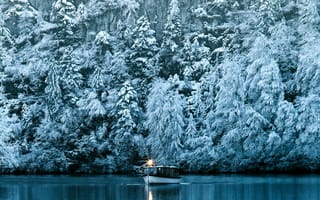 Картинка зима, зимние, время года, сезоны, сезонные, иней, изморозь, белый, лес, деревья, дерево, природа, вода, озеро, пруд, лодка