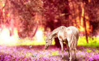 Картинка лошади, конь, животные, луг, лес, деревья, дерево, природа, цифровое искусство, арт