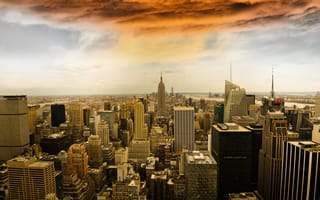 Картинка Нью Йорк, Нью-Йорк, город, здание, небоскреб, США, города, здания, мегаполис, вечер, закат, заход
