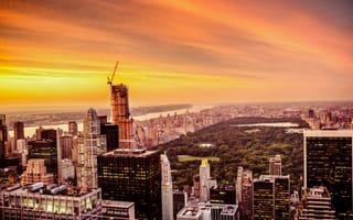 Картинка закат, Центральный парк, небо, деревья, Нью-Йорк, аллеи, небоскрёбы, искусственные озёра, Central Park, США
