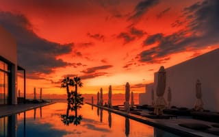 Картинка Кипр, закаты, вечер, бассейн, отель, отпуск, облака, отражение