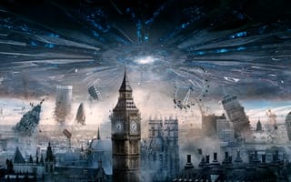 Картинка город, Лондон, Биг Бен, башня, разрушение, фантастика, фантастические, портал
