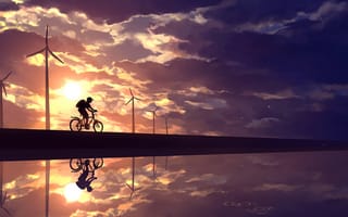 Картинка ветряк, велосипед, рисованные, арт, вечер, закат, заход, отражение, вода, озеро, пруд