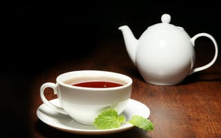 Картинка чай, заварник, чашка, чайник, белый, темный фон, мята