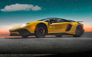 Картинка Lamborghini Aventador, Lamborghini, Aventador, Ламборджини, Ламборгини, люкс, дорогая, спорткар, машины, машина, тачки, авто, автомобиль, транспорт, вид сбоку, сбоку, ночь, темнота, звезды, звезда, желтый