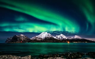 Картинка Норвегия, горы, гора, природа, пейзаж, северное сияние, полярное сияние, аврора бореалис, небо, яркое, ночь, темнота