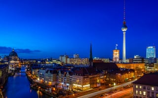 Картинка Берлин, Германия, город, города, здания, ночной город, ночь, огни, подсветка