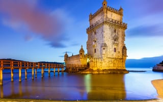Картинка Лиссабон, Португалия, архитектура, башня, мост, вода, озеро, пруд, вечер, закат, заход