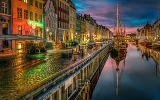 Картинка Копенгаген, Дания, город, города, здания, здание, река, ночь, темнота, ночной город, огни, подсветка