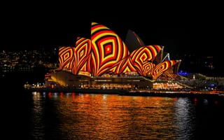 Картинка Сиднейский оперный театр, Сиднейский театр, театр, Сидней, Австралия, город, города, здания, ночной город, ночь, огни, подсветка, отражение