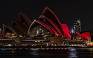 Картинка Сиднейский оперный театр, Сиднейский театр, театр, Сидней, Австралия, город, города, здания, amoled, амолед, черный, ночной город, ночь, огни, подсветка