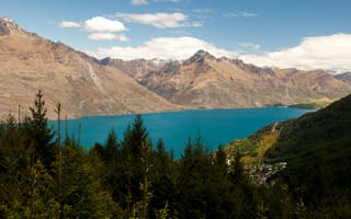 Картинка облака, Новая Зеландия, горы, панорама, озеро, деревья, леса, Wakatipu