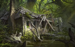 Картинка арт, руины, дом, заброшенный, деревья, болото