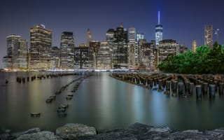 Картинка США, ночь, небоскребы, дома, город, здания, Ист-Ривер, Нижний Манхэттен, Нью-Йорк
