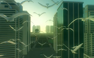 Картинка город, птицы, птица, рисованные, арт