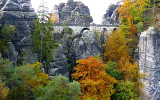Картинка скалы, мост, люди, камни, листва, деревья, жёлто-зелёная, арочный