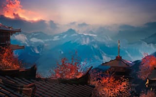 Картинка Азия, гора, крыша, здание, осень, закат, вечер, рисованные, арт