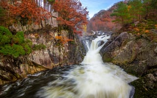 Картинка лес, деревья, поток, водопад, река, скалы, осень