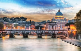 Картинка Рим, Италия, город, города, здания, архитектура, мост, вечер, закат, заход