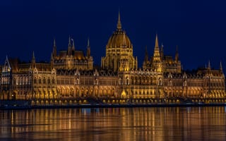Картинка здание венгерского парламента, парламент, здание парламента, резиценция, замок, здание, архитектура, достопримечательность, Будапешт, Венгрия, ночь, огни, подсветка, отражение