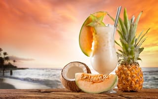 Картинка коктейль, дыня, кокос, ананас, океан, лето, тропический, фрукт, еда, вкусная, закат