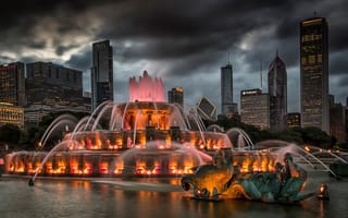 Картинка Чикаго, США, город, города, здания, фонтан, вода, ночной город, ночь, огни, подсветка