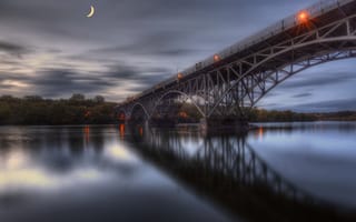 Картинка мост, мосты, река, ночь, темнота, месяц, луна