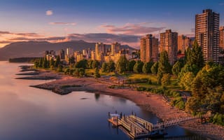 Картинка Ванкувер, Канада, город, города, здания, вода, озеро, пруд, вечер, сумерки