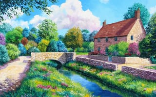 Картинка картина, сад, дом, река, дорога, арт, цветы, Jean-Marc Janiaczyk, деревья, мост
