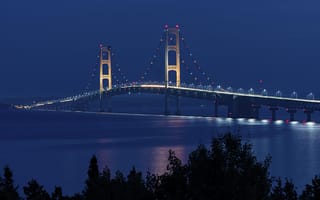 Картинка мост, мосты, река, ночь, огни, подсветка