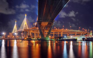 Картинка Таиланд, Азия, мост, мосты, река, ночь, огни, подсветка