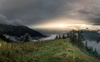 Картинка гора, природа, вечер, сумерки, туман, дымка